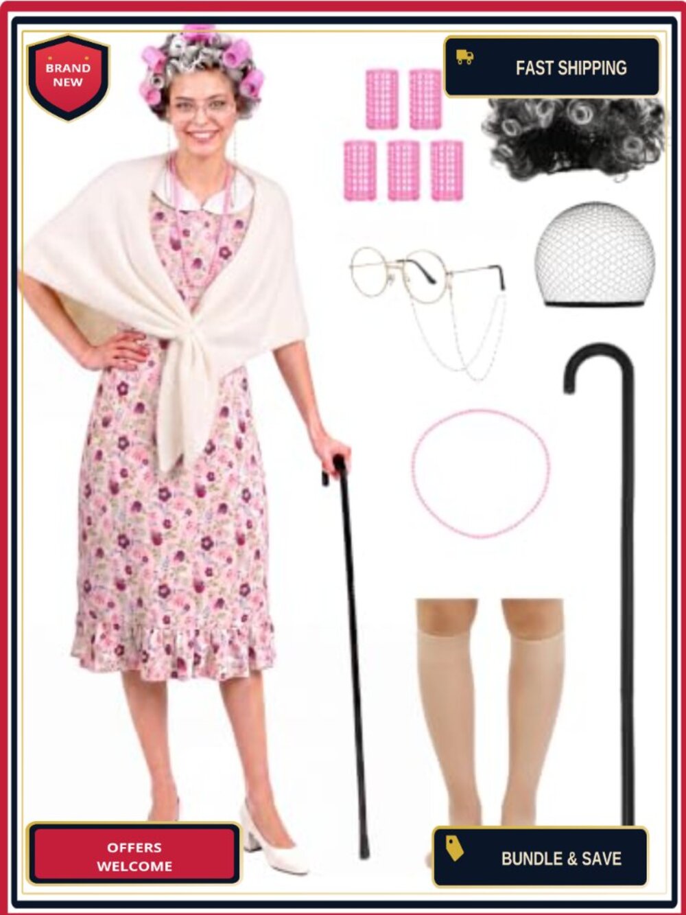 10 Pc Old Lady Costume Set Floral Dress Cardigan Wig Crutch